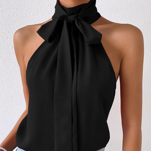 Black Preppy Womens Solid Tie Neck Halter Top - Picture 1 of 5
